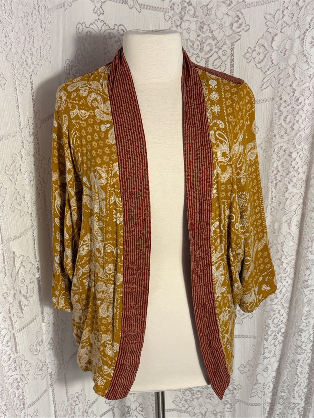 Mystree Mustard Paisley Open Front Cardigan with Rust Trim